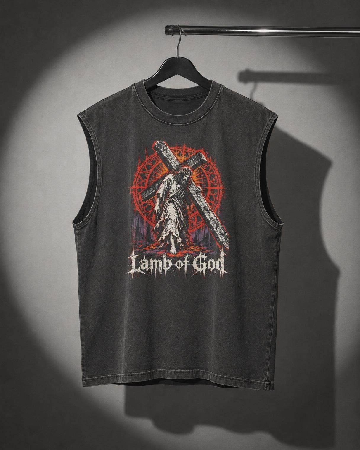 Lamb of God Muscle Tee hanging on a rail under a studio spotlight